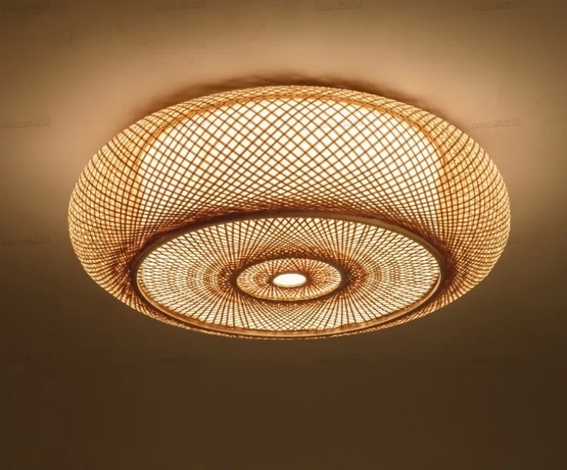 Lampada da soffitto in vimini di bambù intrecciato a mano in rattan rotondo con paralume a lanterna Lampada da plafon rustica asiatica giapponese Camera da letto Soggiorno LLFA