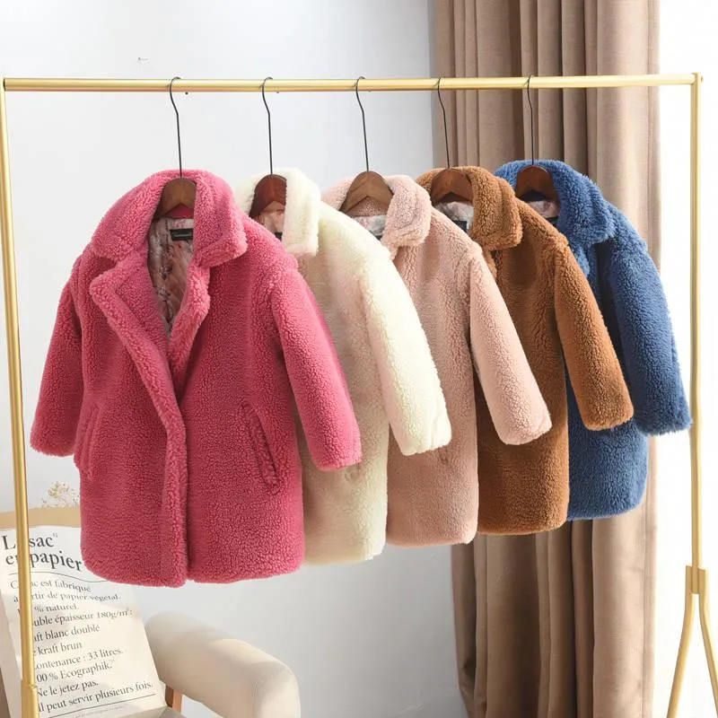 2019 Cappotto cardigan in shearling di pecora per bambini Ragazza per bambini Giacca lunga casual spessa Ragazza teenager Pelliccia sintetica Capispalla calda Abbigliamento Q470