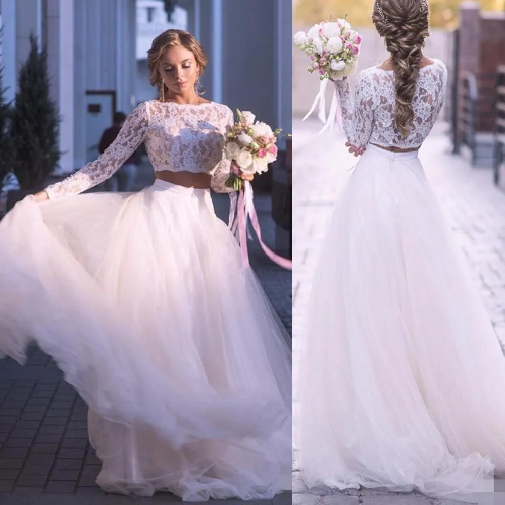 Deux manches longues pièces robes Tulle balayage Train bijou cou pays grande taille robes De mariée Vestido De Novia