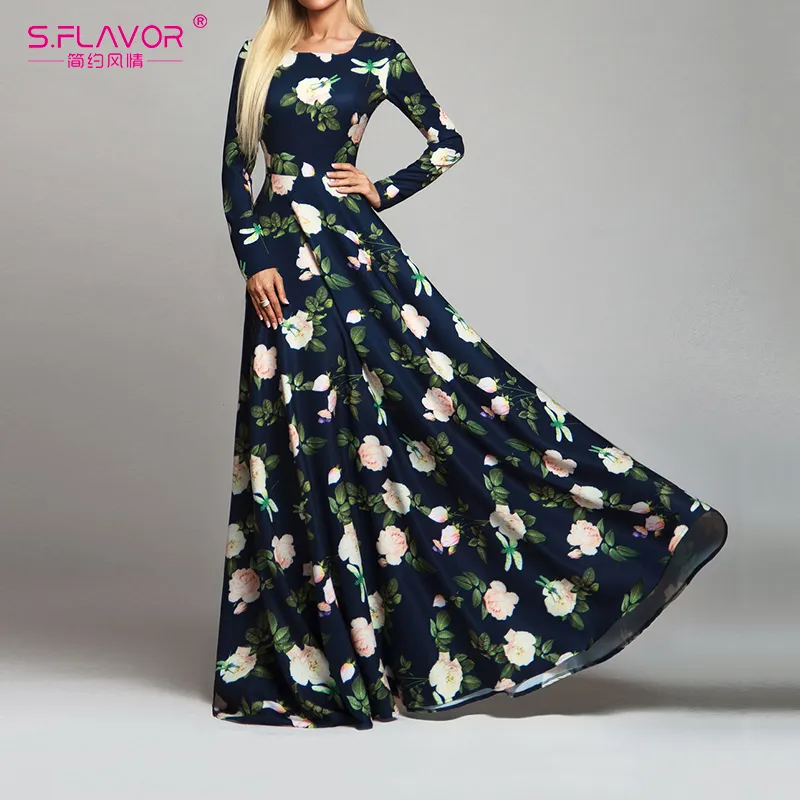 Fashion-Elegant Women Robe Long Sleeve Printed Dress Fashion Spring Summer Sexy Boho Dress Slim Long Party Vestidos