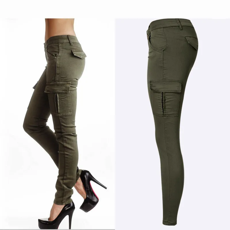 Estilo Militar Mujer De Los Pantalones Vaqueros Verdes Mediados De Cintura De Las Mujeres