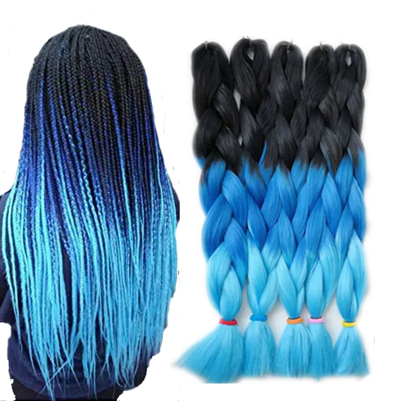 Ombre Kanekalon Tressage Extensions de Cheveux 24 " 100 g/pcs Extensions de Cheveux Synthétiques (Noir et bleu et bleu clair) 5 Pcs/Lot