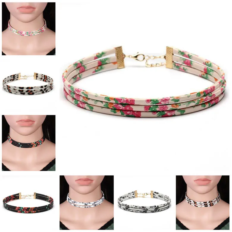 Kvinnors Multi-Layer Flower Leather Rope Necklace Choker Neck Chain Dan262 Mix Order Halsband Kokers