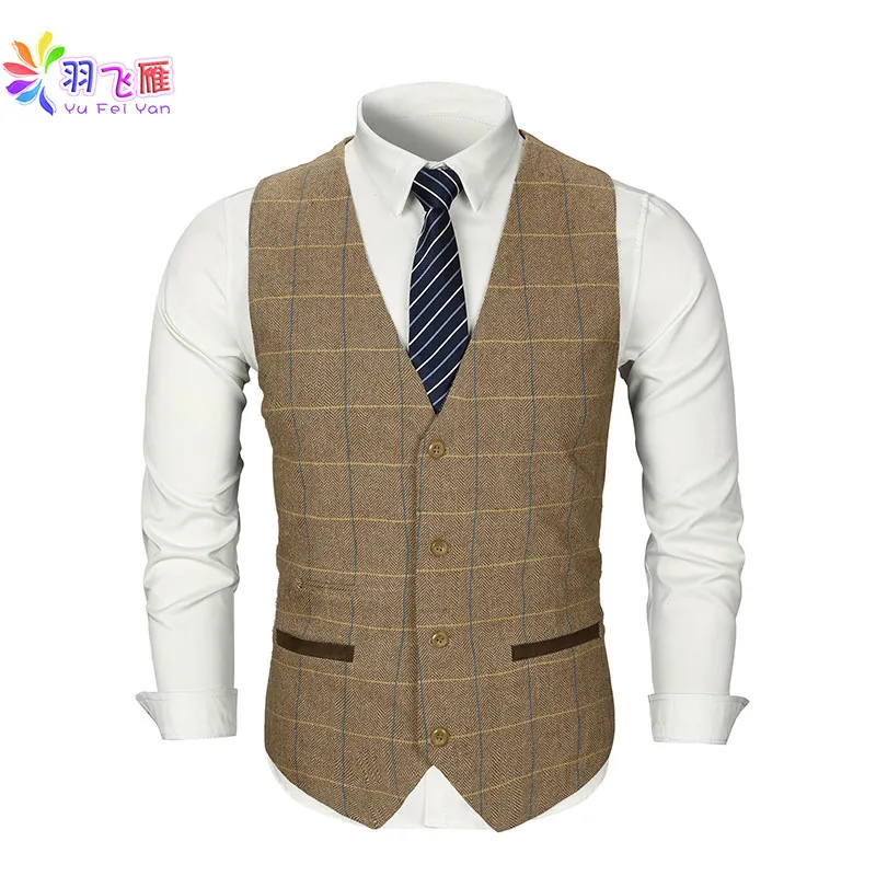 Smart Casual Men Vest Suit Brown Tweed Vest Slim Fit British Style Cotton Sing Breasted Plaid Wedding Dress Waistcoat Suit