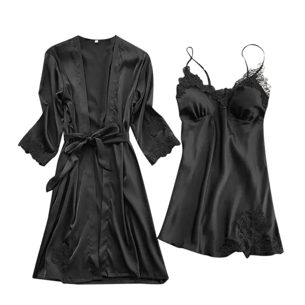 Sexy Lace Robe Set Women Kimono Bathrobe Gown Rayon Nightgown Kaftan