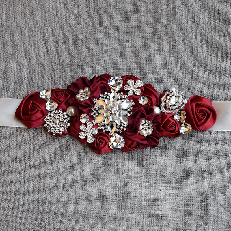 Chic Bridal Sash with Crystal Rhinestones - Grey, Burgundy, and Beige Lace Belt for wedding dress accessories
