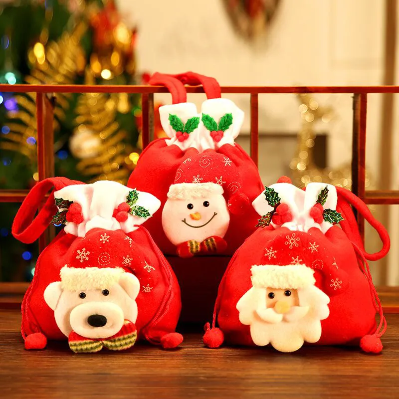 赤いクリスマスギフトバッグ巾着キャンディーバッグ漫画ベアサンタクロース雪だるまギフトバッグクリスマスデコレーション不織布ギフトポーチDBC VT1121