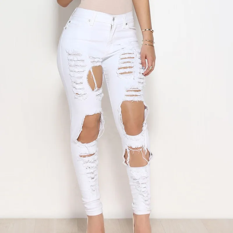 High Waist Trim Stretch Hole Tear Personality Jeans Street Casual Women Skinny Pencil Bleached