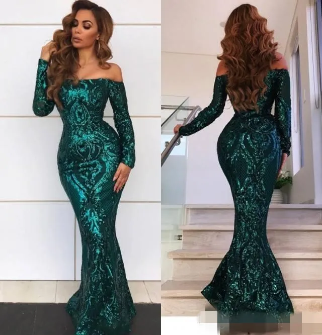 2019 Vintage Dark Green Mermaid Prom Dresses Cekiny Długie Rękawy Off The Ramię Plus Size Custom Formalna okazja Nosić wieczorną suknię party