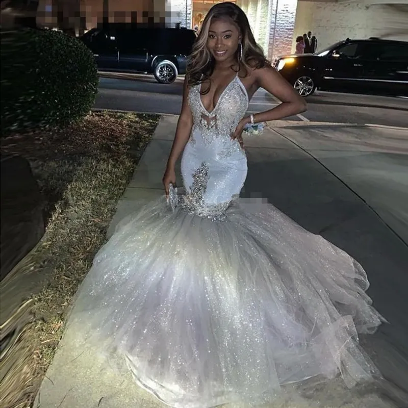 Sparkly Silver Sexy V Neck Mermaid Reflective Prom Dresses Spaghetti Straps African Long Formal Evening Gowns Prom Party Dress From 159 43 DHgate