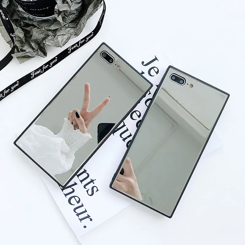 Luxe Cosmétique Miroir Carré Téléphone Cas Pour iPhone 6 6 S 7 8 Plus X Verre Brillant TPU + PC Téléphone Couverture Arrière Coque