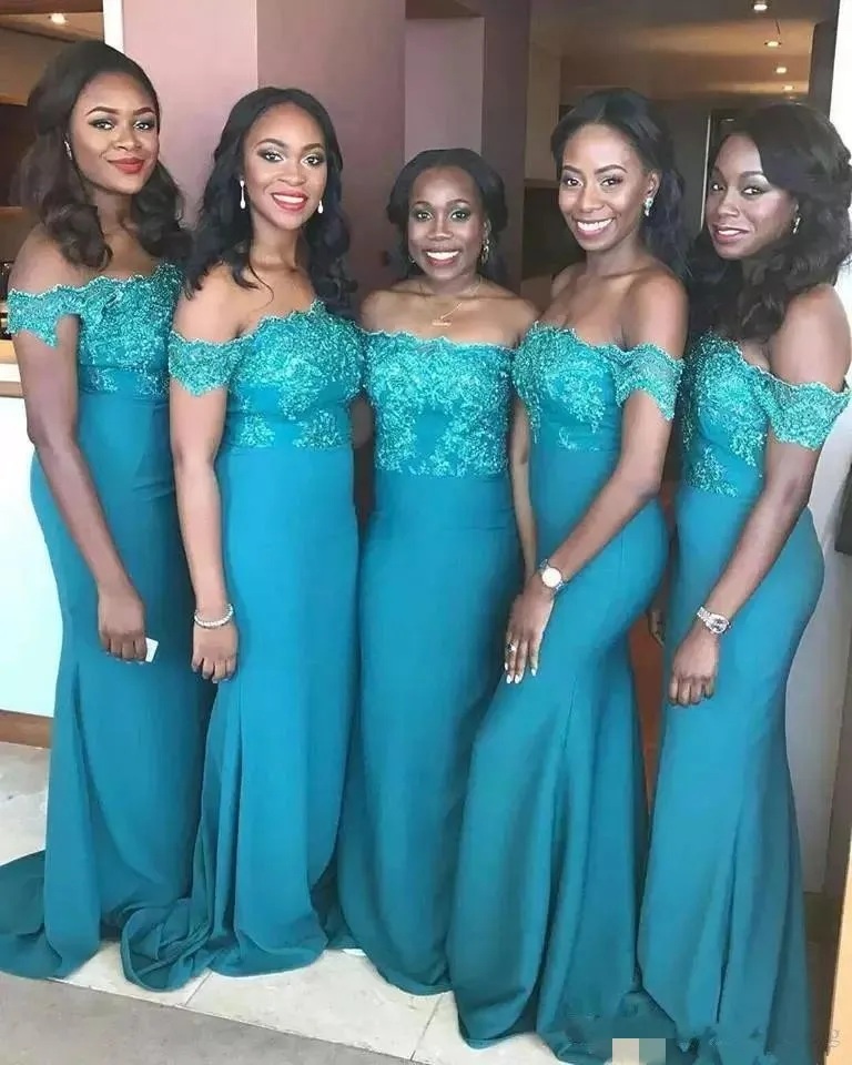 Turquoise zeemeermin bruidsmeisje jurken kanten applique van de schouder chiffon sweep trein op maat gemaakte plus size maid of honor jurk