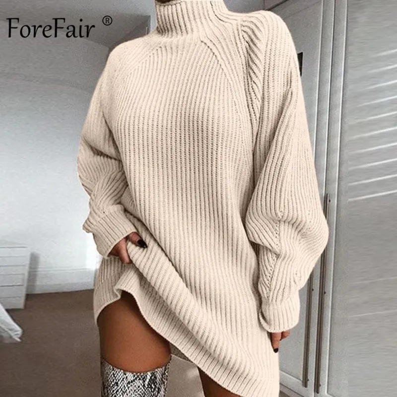 Oversized Knitted Dress Sweater Autumn 2019 Solid Long Sleeve Casual Elegant Mini Warm Winter Turtleneck Dress Women