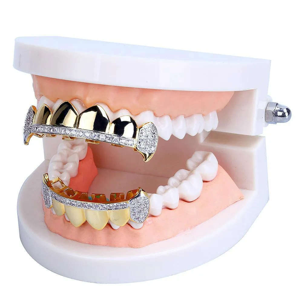 18K Real Gold Teeth Grillz Caps Iced Out Top Bottom Vampire Fangs Dental Grill Set Wholesale