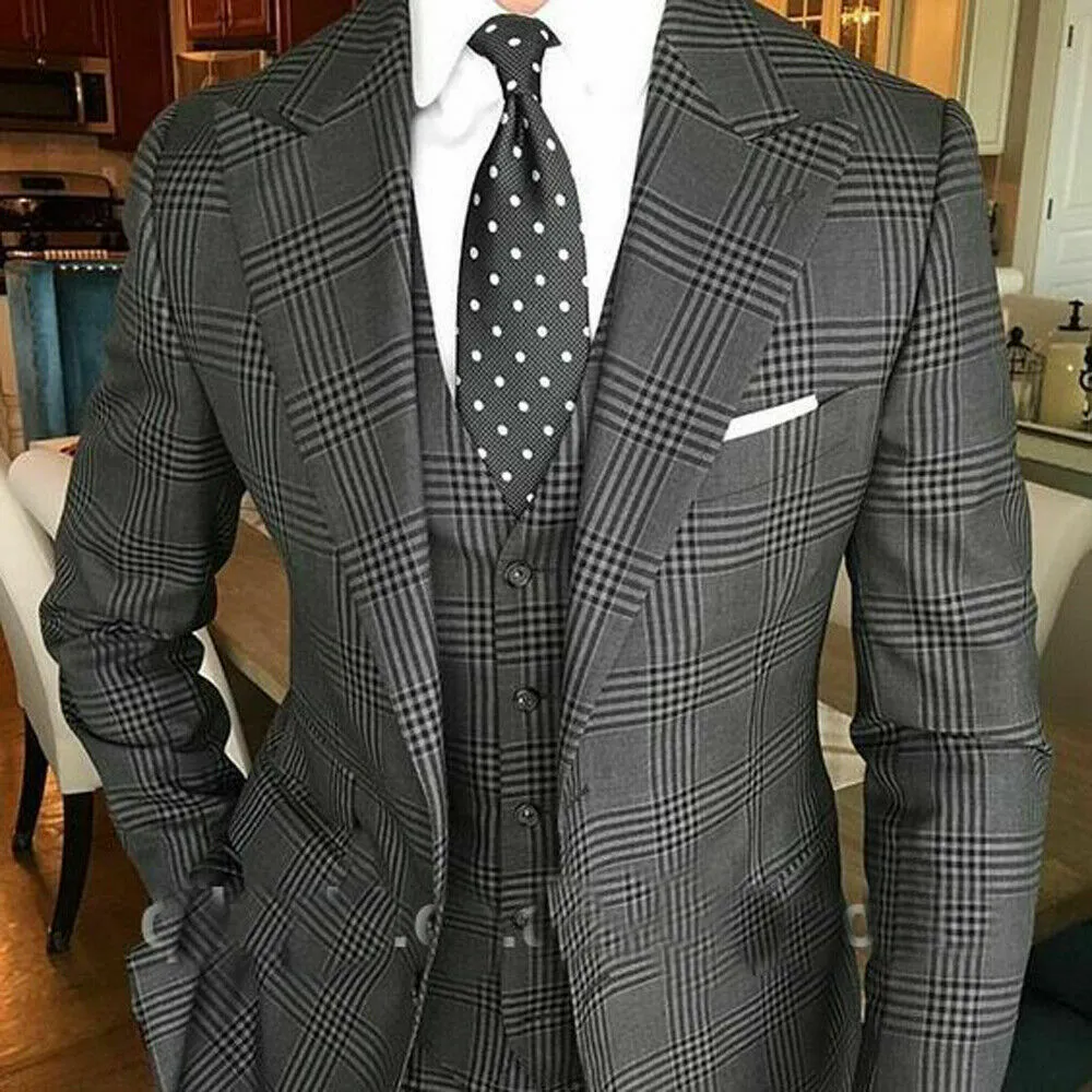 Ternos masculinos xadrez cinza escuro, estilo britânico, fino, lapela, smoking, festa, smoking, casamento, para homens, terno formal para formatura (jaqueta + calça + colete)