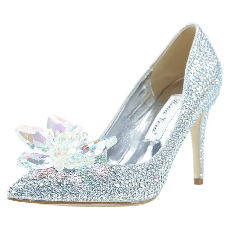 Sapatos de prata / Champagne / Red Moda Luxo Designer Cinderella Shoes Saltos altos de casamento de noiva sapatos de noite de cristal do partido do baile de finalistas de Verão