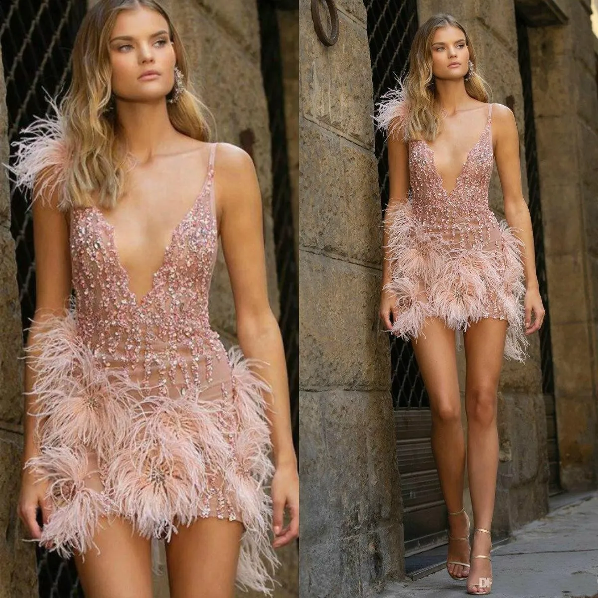 Berta Abiti da cocktail party Perline con paillettes Piuma di lusso Profondo scollo a V Abito corto da ballo Abito chic da ritorno a casa Abiti da sera Personalizzato 270z