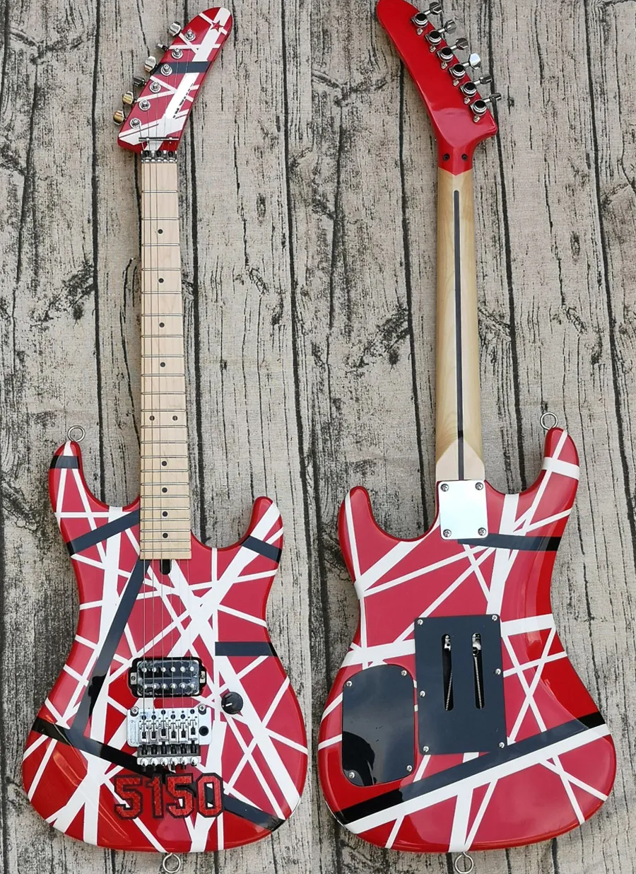 Big Headstock Kra Eddie Van Halen 5150 White Black Stripe Red Electric Guitar Floyd Rose Tremolo Locking Nut, Maple Neck Fingerboard