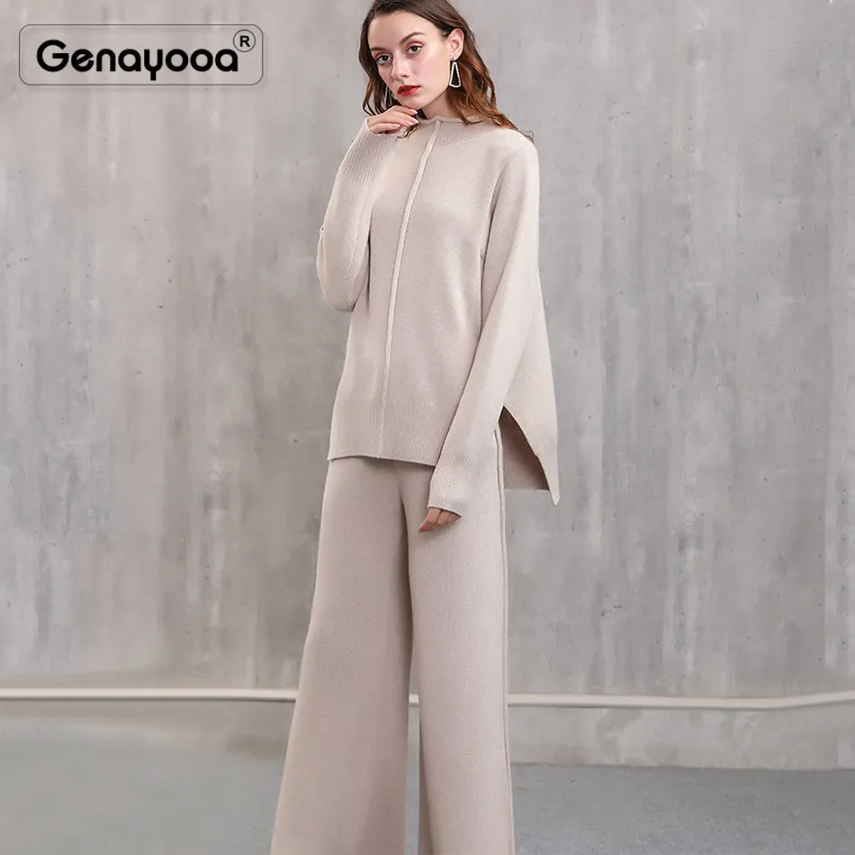 Genyyooa alta qualidade cashmere faixasuit mulheres inverno dois peça conjunto calças 2 peças conjunto mulheres camisola + calças escritório senhora coreano