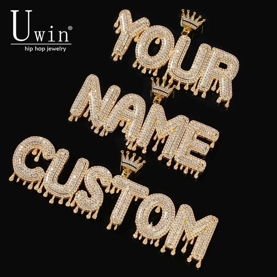 Name Necklace Men Customize Drip Bubble Intial Letter Pendant Silver Rose gold Commission Gift Jewelry Cuban Rope Chain 3 letters