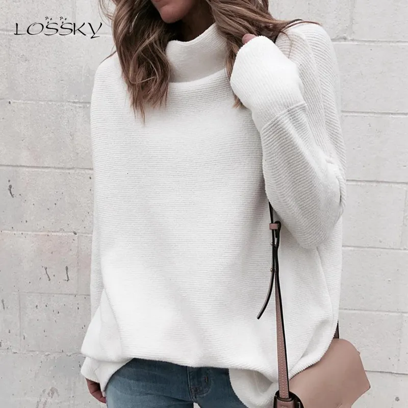 LOSSKY Long Sleeve Autumn Winter Sweater Women White Knitted Sweaters Pullover Jumper Fashion 2018 Turtleneck Sweater Female V191022