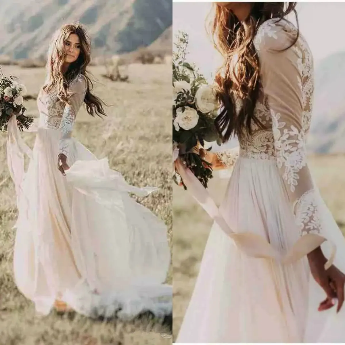 Vintage Bohemian Beach Wedding Dresses Lace Appliqued Long Sleeves