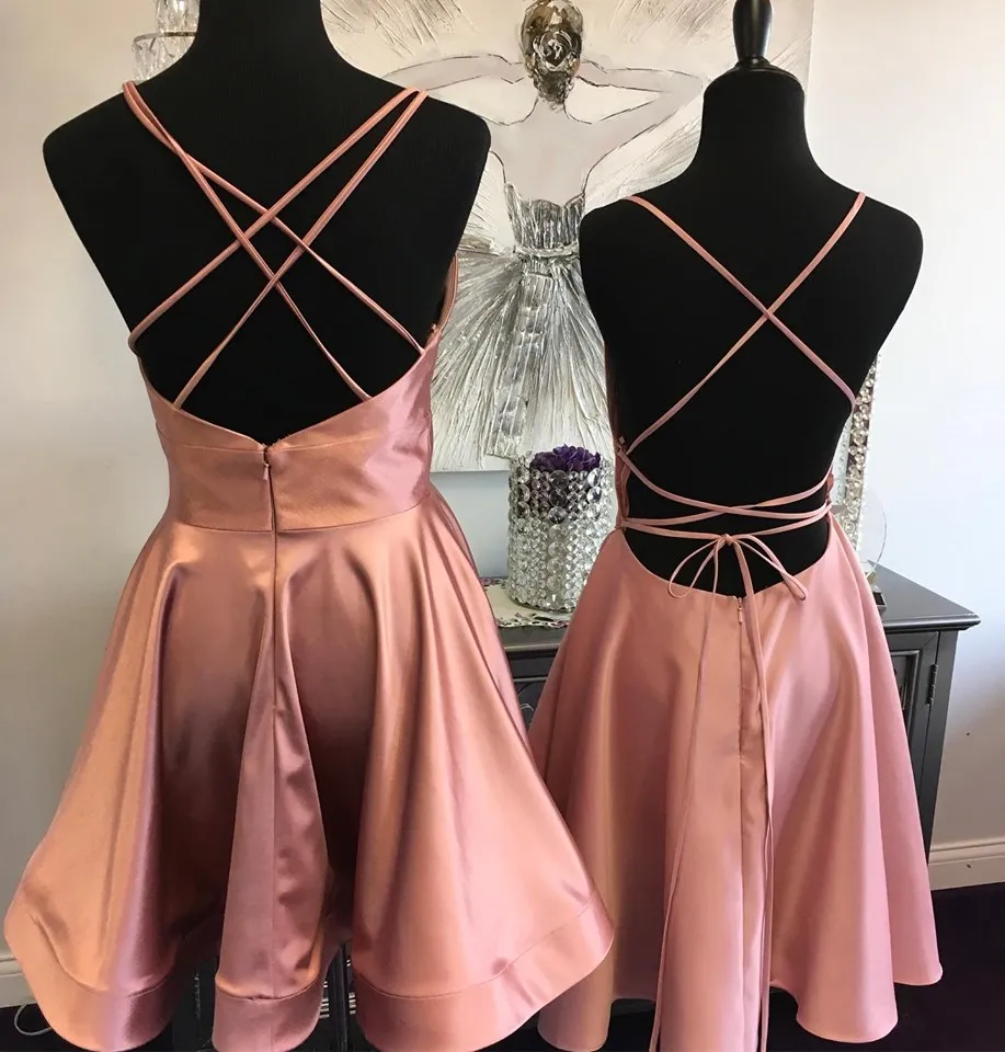 Rose Color Homecoming Dresses 2019 2 Style A Line Spaghetti Neck Short Prom Party Dance Gowns Real Photo Criss Cross Straps Hoco Graduation