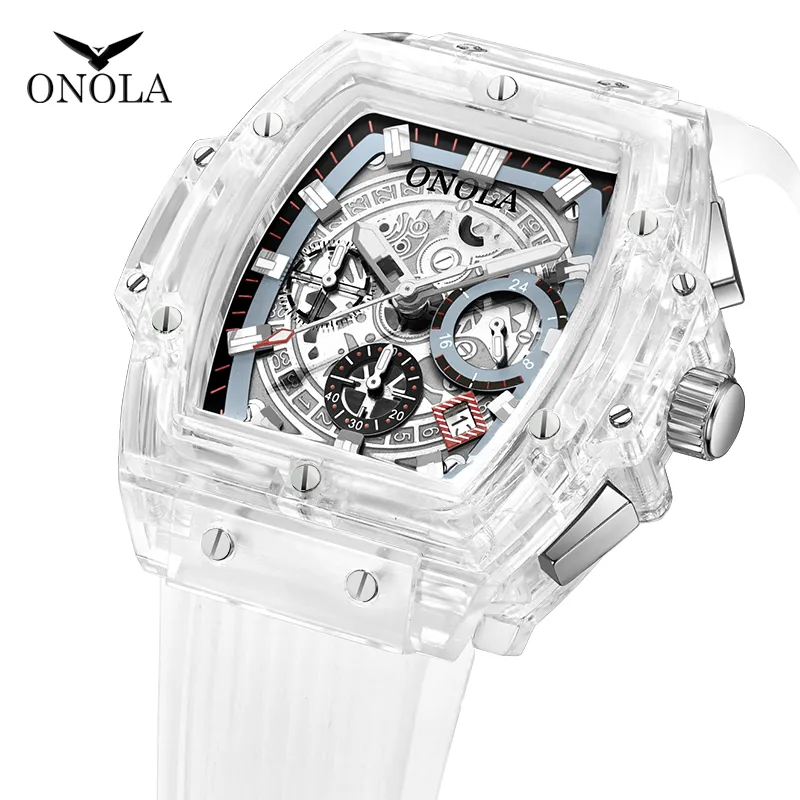 cwp ONOLA Quadrato in plastica trasparente Orologio da uomo 2021 Orologio da polso cronografo da donna di lusso Moda casual Sport quarzo unico