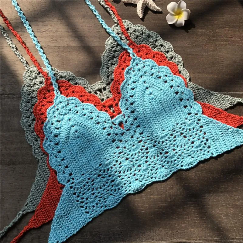 Camisoles Tanks 2021 Sexy Femmes Soutien-Gorge Boho Beach Bikini Crop Tops Crochet À La Main Tricoté Sans Manches Dos Nu Ceinture Réservoir Lingeri248z