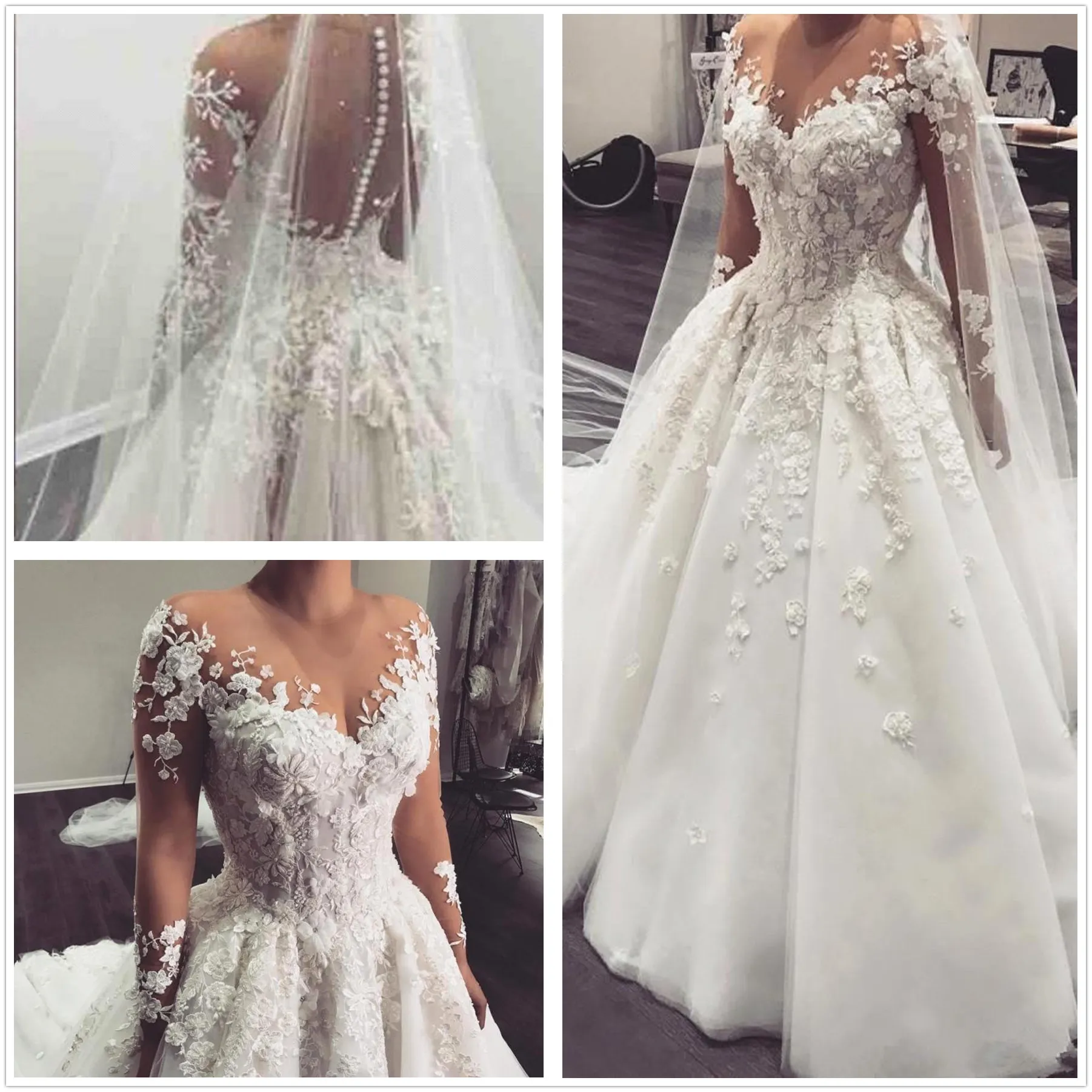 Dentelle élégante une ligne robes de mariée arabe pure manches longues tulle appliques 3D floral perlé balayage train robes de mariée de mariée avec boutons BC3370