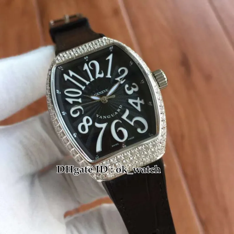 Nieuwe Vanguard 33mm Black Dial Diamond Bezel V 32 SC Ladies'Collection Womens Quartz Horloges Zwart Leer / Rubberen Strap Dames Jurk Horloges
