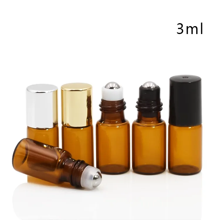 유리 병 향수에 200pcs DHL 3ML 5ml 10ML 미니 롤 향수 앰버 브라운 두꺼운 유리 병 에센셜 오일 철강 금속 롤러 볼