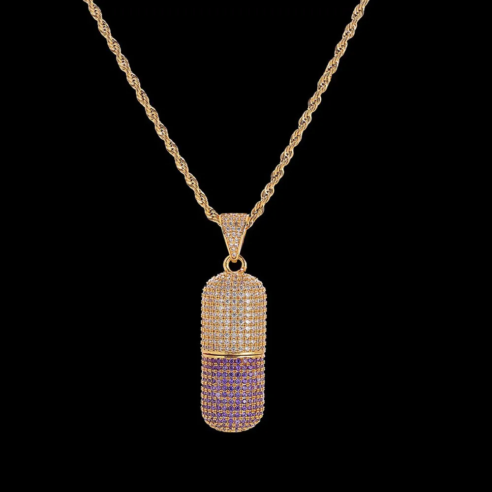 Collier pendentif bouteille de parfum Style pilule, couleur or argent, Zircon cubique, bijoux Hip hop pour hommes et femmes, cadeau pouvant s'ouvrir