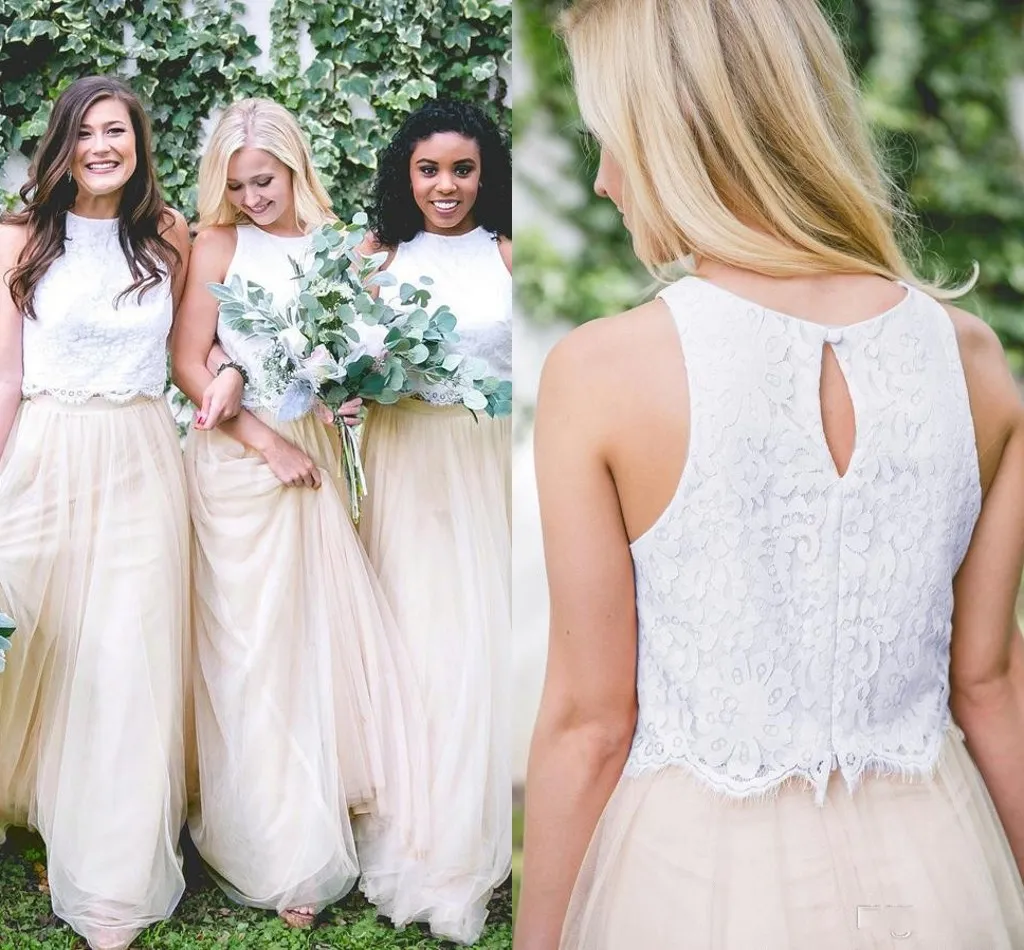 Vintage Country Beach Two-Piece rustic bridesmaid dresses for Weddings - Tulle, White, Lace, and Yellow - Plus Size Formal Maid of Honor Gowns at