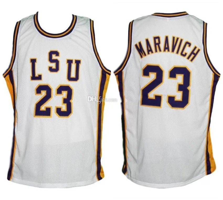 Pete Maravich #23 LSU vit gul Tigers College Retro baskettröja herrsydda anpassade valfritt nummer Namn