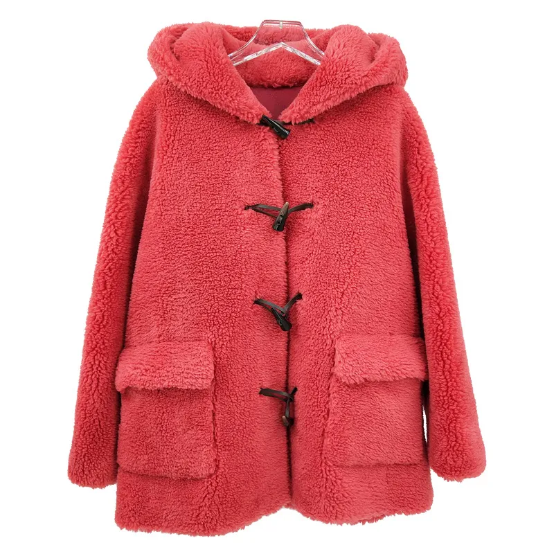 Toptan-Bayanlar Merinos Yün Kapşonlu Ceket Kış Kabarık Kadife Ceket Kadın Uzun Kollu Gevşek Tatlı Sevimli Rüzgarlık Ceket Bej Palto