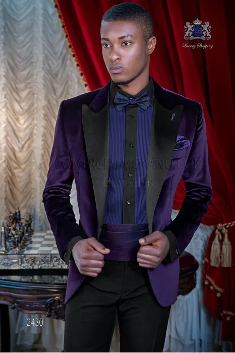 Smoking da sposo in velluto viola con risvolto nero Groomsman da sposa Abito da 2 pezzi Moda uomo Prom Party Jacket Blazer (giacca + pantaloni + cravatta + cintura) 2581