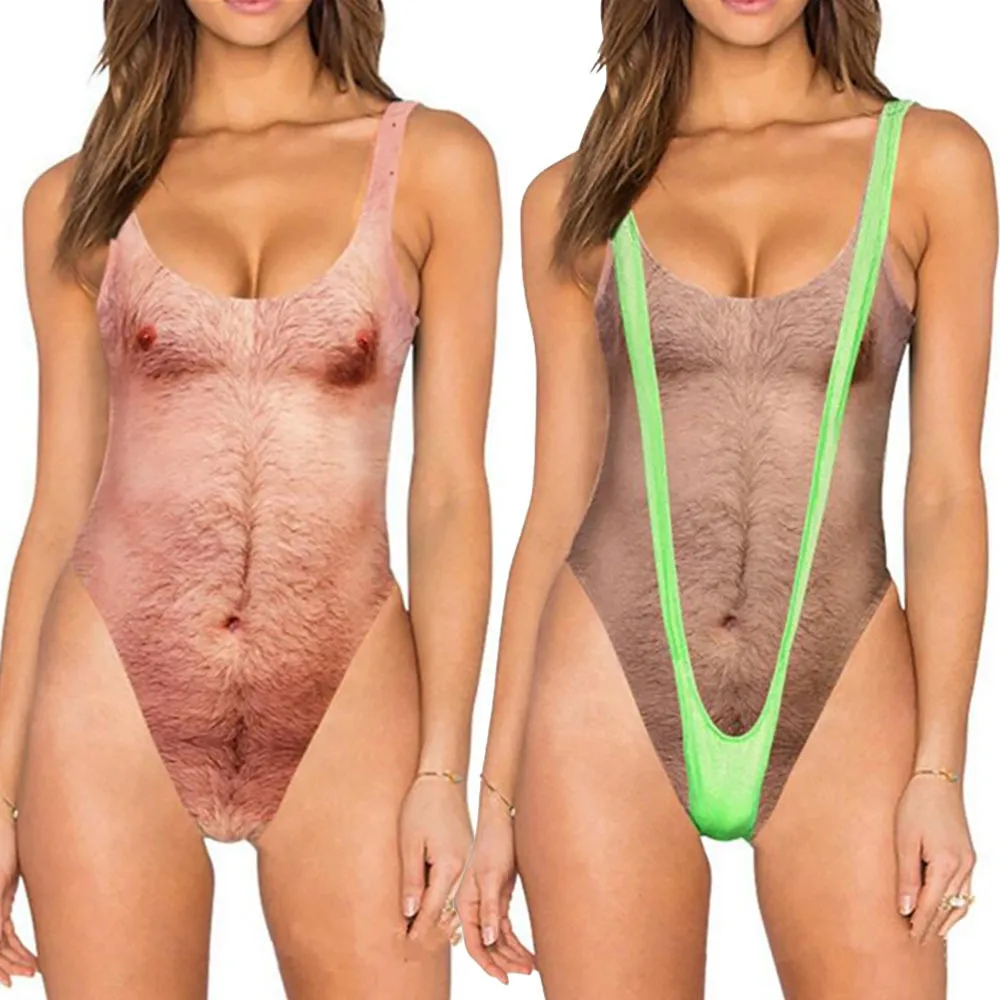 Funny Chest Hair 3d Print One Piece Swimsuit Women Swimwear Sexy Push Up Bikinis Swimsuit Female Monokini Beachwear Bathing Suit Y19062801