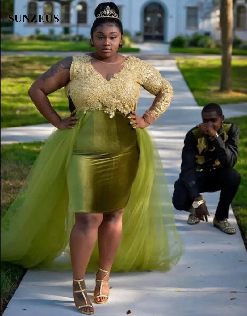 Limon Yeşil Gelinlik Modelleri Altın Dantel Aplikler Ile Kısa Parti Abiye Ayrılabilir Etek Kılıf Ile Tek Uzun Kollu Kadın Elbise balo