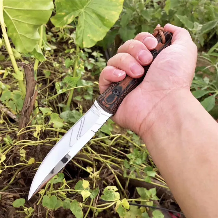 Neuankömmling Gerades Überlebensmesser D2 Hochglanzpolierte Drop-Point-Klinge Full Tang G-10-Griff Feststehende Messer mit Lederscheide