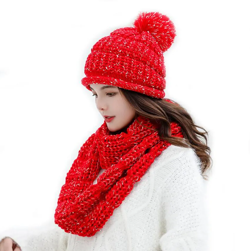 Vrouw gebreide beanie hoed en sjaal set 7 kleuren pom pom pom mutsen winter warme leuke meisjes mode cap ljjo7220-1