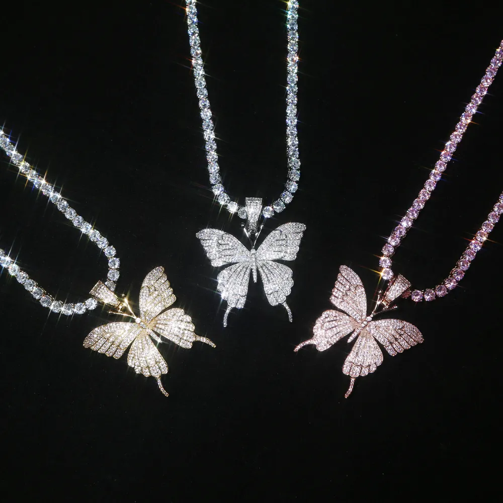 Colliers avec pendentifs papillon Ice Out, chaîne cubaine et chaînes de Tennis pour hommes et femmes, ras du cou Hip Hop, bijoux 2053845
