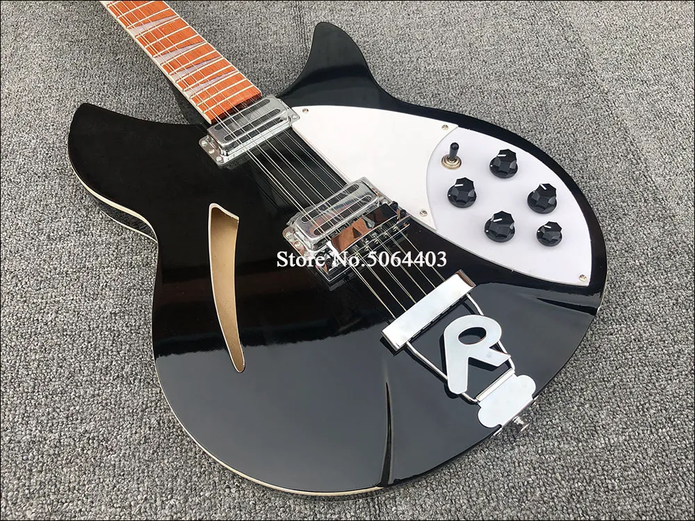 RIC 330 12 Strings Gloss Black Semi Hollow Body Electric Guitar Gloss Varnish Rosewood Fingerboard, 5 Konbs, 2 Output Jacks, Single F Hole