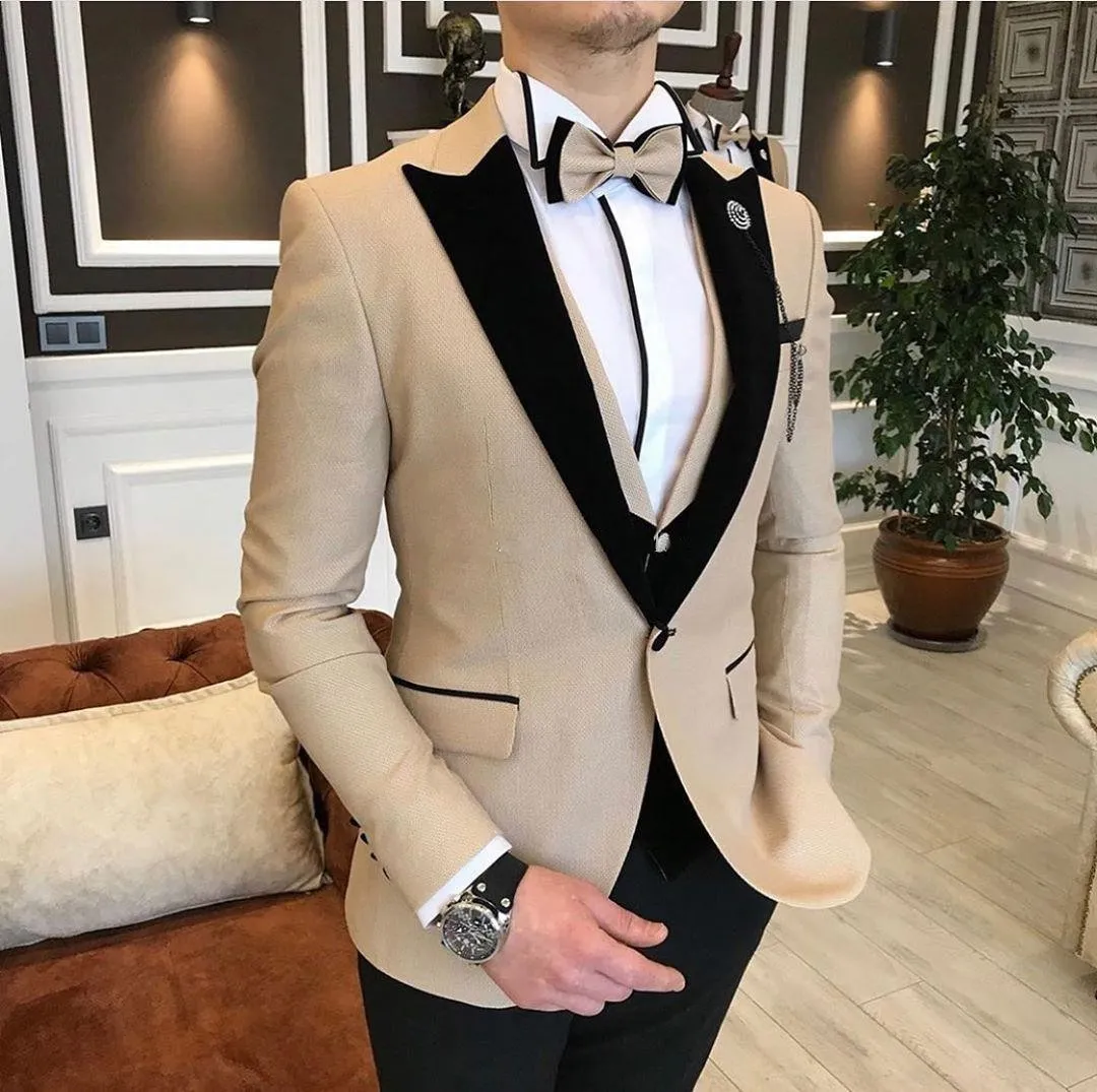 Custom Beige Peak Lapel Beige Tuxedo Wedding For Men One Button Groom