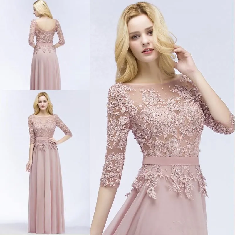 Nieuwe designer blozen roze lange prom dresses met halve mouwen kralen geappliceerd goedkope feestjurken