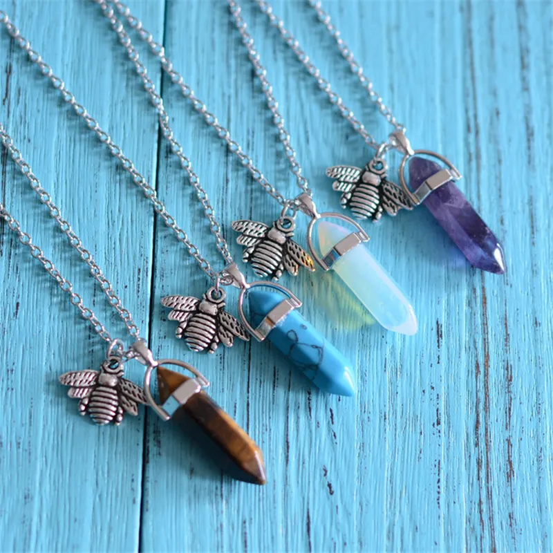 Quartz Cristal Bijoux Pendule Reiki Guérison Pierre Naturelle Abeille Point Hexagonal Gemme Charmes Chakra Pendentif Collier Chaîne À Maillons En Argent