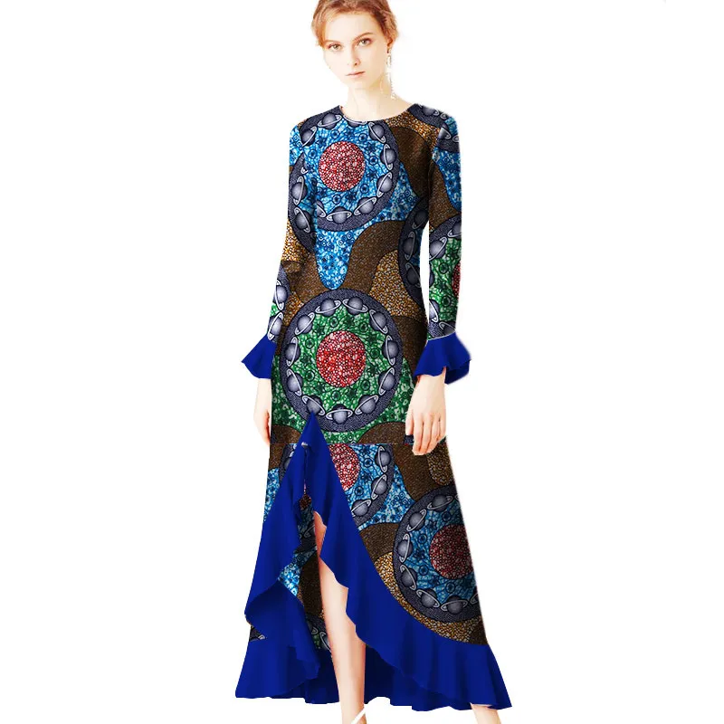 2019 Jesień Afryki Suknia Kobieta Dashiki O-Neck Sukienki Ruffles Plus Size 5XL Tradycyjne Afryki Dresses Drukowanie 6XL WY2344
