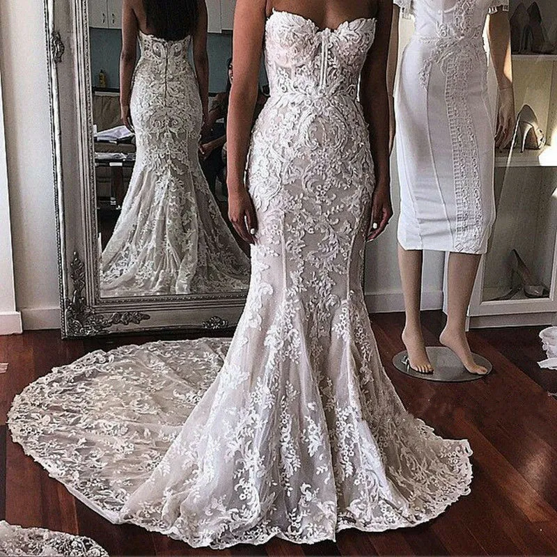 2020 vestidos de novia de sirena de talla grande de encaje completo cariño apliques vestidos de novia tren de barrido vestido de novia sin espalda