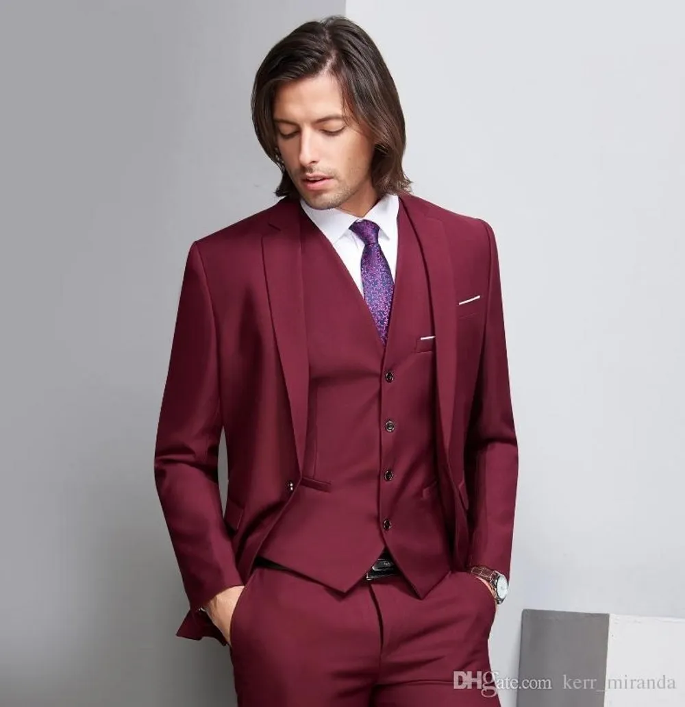 Abiti da uomo da uomo formali da matrimonio rosso vino profondo su misura Abiti da sposo da uomo d'affari con risvolto a tre pezzi (giacca + pantaloni + gilet)