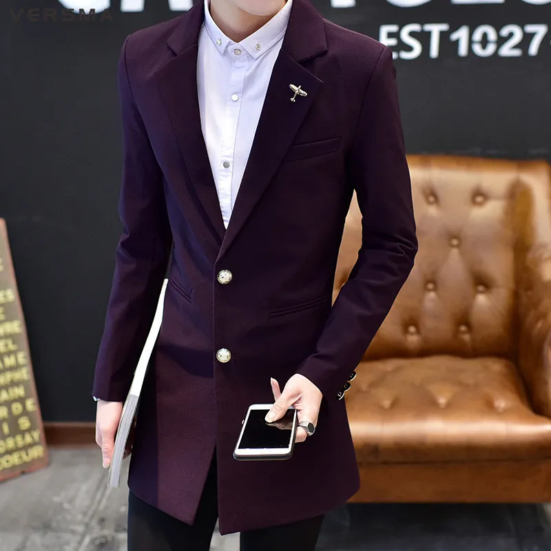 Versma 2018 Zwart Lange Pak Blazer Jas Mannelijke Slanke Fit Bruidegom Bruiloft Past Blazers Casual Tuxedo Purple Mens Suit Jongens Blazer